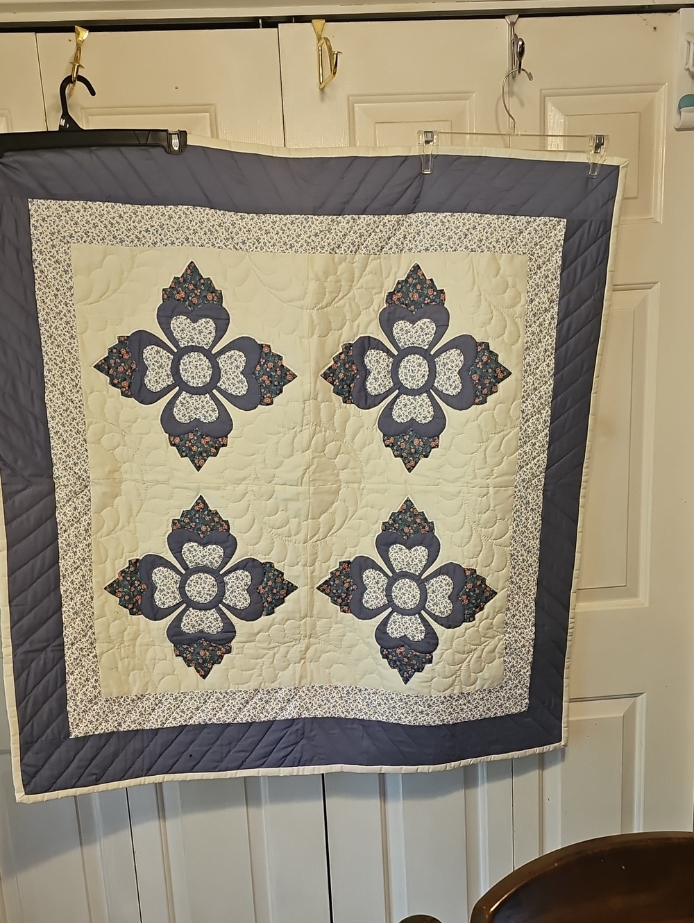 Handmade Blue and Cream Floral Patchwork Quilt